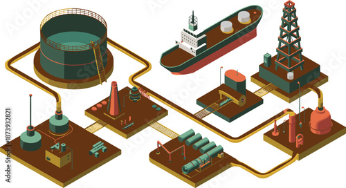Isometric oil and gas industry workflow illustration, drilling rig, refinery, pipelines, storage tanks, tanker ship, energy production system