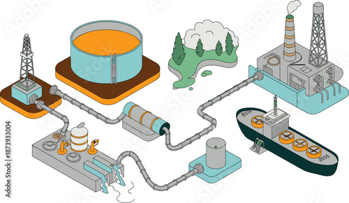 Isometric oil and gas industry illustration, refinery, pipeline network, storage tanks, offshore tanker, energy production, industrial infrastructure, vector design