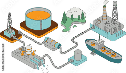 Isometric oil and gas industry illustration, refinery, pipeline network, storage tanks, offshore tanker, energy production, industrial infrastructure, vector design