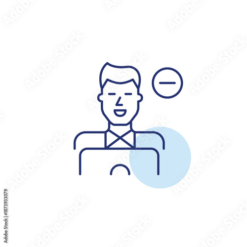Man working at laptop and minus symbol. Session end, user offline, account pause. Pixel perfect, editable stroke vector icon