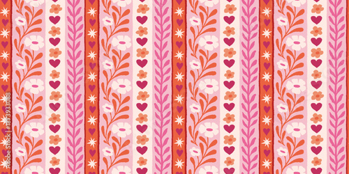 Vector seamless pattern, abstract hand-drawn quirky doodles,  love theme wallpaper, Valentine's day decorative wrapping paper and textile background with hearts and flowers