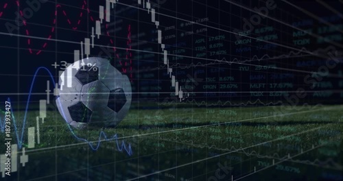 Black white soccer ball being visualized on dark grass, overlaying candlestick chart and line graph