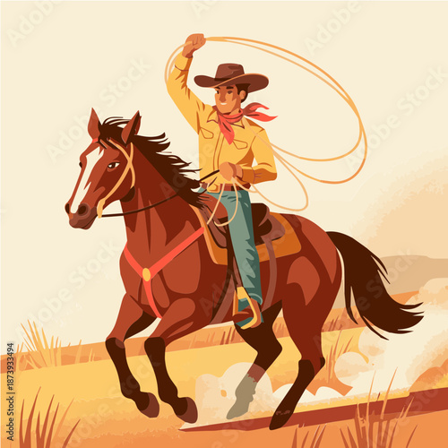 Young Real Cowboy Galloping on Brown Horse Swinging Lasso in Vibrant Western Illustration