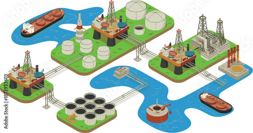 Isometric oil and gas industry infrastructure illustration showing offshore platforms pipelines storage tanks refineries ships energy production network global logistics