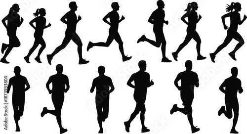 Set of Diverse Male and Female Running Silhouettes in Various Poses
