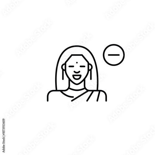 Indian woman and minus. Remove user, delete avatar. Reduce profile access. Pixel perfect, editable stroke vector icon