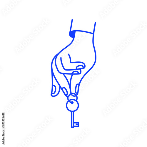 Vector simple linear illustration, hand holding key, realty concept, buy or rent property icon