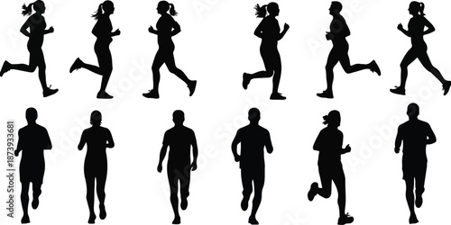 Vector silhouettes of diverse male and female runners exercising and jogging