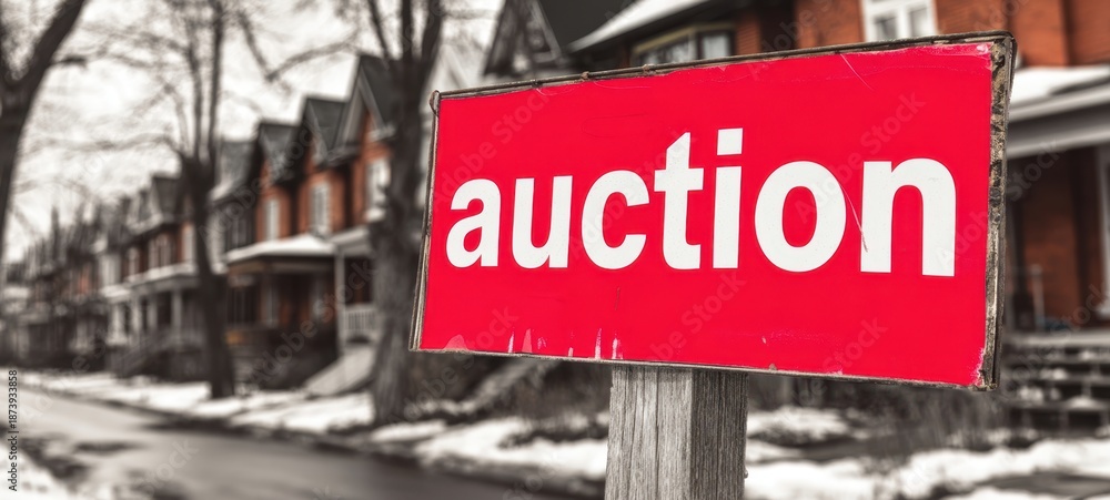 Obraz premium The auction sign in front of historic rowhouses on a snowy urban street