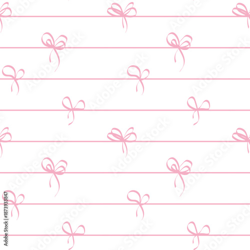 Pink bow seamless pattern. Valentine doodle bows background design. Cute girly ribbon pattern. Romantic hand drawn bowknot pattern. Love gift wrap texture. Baby shower design