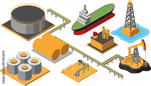 Isometric oil and gas industry infrastructure illustration, refinery pipelines storage tanks offshore platform tanker ship energy production industrial petroleum process