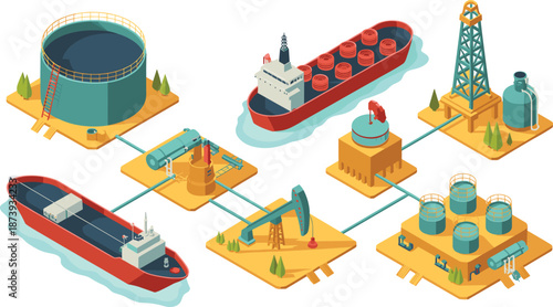 Isometric oil and gas industry workflow illustration, drilling rig, refinery, pipelines, storage tanks, tanker ship, energy production system