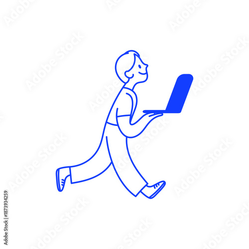 Vector illustration in simple linear hand drawn style, man running with laptop, remote freelance concept