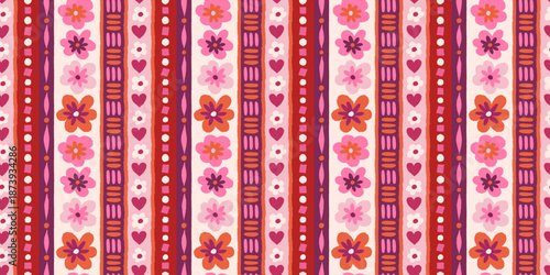 Vector seamless pattern, abstract hand-drawn quirky doodles,  love theme wallpaper, Valentine's day decorative wrapping paper and textile background with hearts and flowers