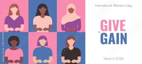  GivetoGain banner template with geometric pattern with different skin color girls. International Women's Day 2026. Pose for solidarity rights and gender equality. Flat vector illustration March 8.