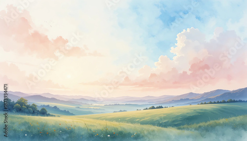 Soft watercolor painting of a peaceful landscape with pastel sky and gentle light