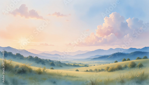 Soft watercolor painting of a peaceful landscape with pastel sky and gentle light