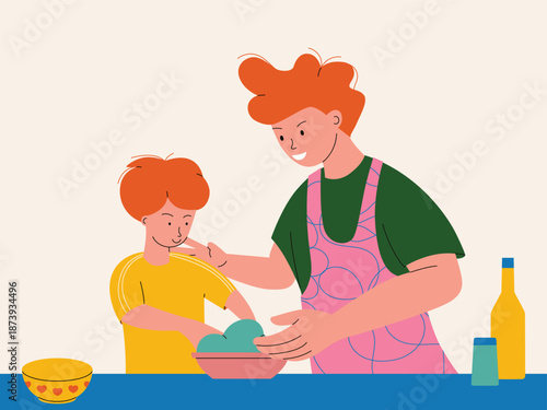 A father and a son prepare food together in a kitchen. Minimalist illustration symbolizing heartwarming moment of family bonding time