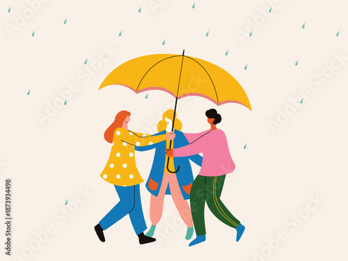 Wallpaper Mural Three people huddle under a large yellow umbrella during a rainstorm. Minimalist illustration symbolizing friendship and protection Torontodigital.ca