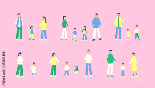 春を過ごす家族のイラストセット