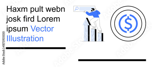 Business strategy, financial growth, data analysis, market research, digital strategy, economic trends. Man analyzing a search bar on charts with a dollar symbol nearby. Business and financial growth