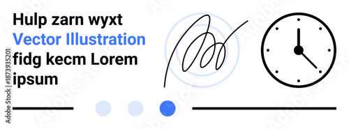 Text elements, abstract scribbles, minimalist clock, and dotted design. Ideal for branding, time tracking, creativity, modern aesthetics, UX concepts storytelling simple landing page