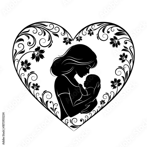 Loving mother silhouette cradling baby within an ornate floral heart shaped frame