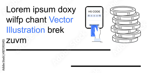 Banking, e-commerce, international trade, payment processing, finance, technology. Hand inserting a card into a machine with HS code and stacked coins. Banking and e-commerce concepts