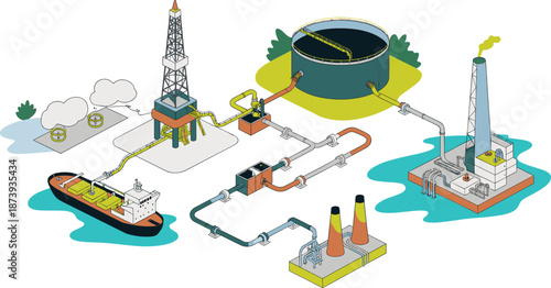Isometric oil and gas production process illustration, drilling rig, pipelines, refinery, storage tanks, tanker ship, energy infrastructure, industrial system