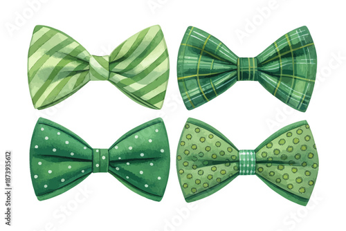 set of Watercolor Green Bow Tie Illustration, Irish St. Patrick’s Day Party Clipart Isolated on White Background