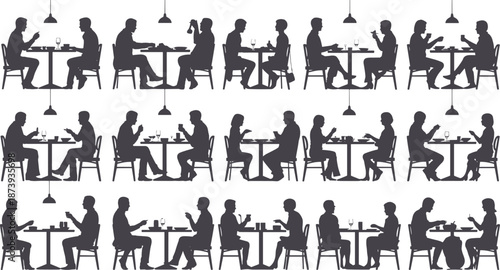 People dining silhouettes, restaurant conversation scenes, couples and friends eating, social interaction concept, cafe lifestyle illustration, minimal black vector