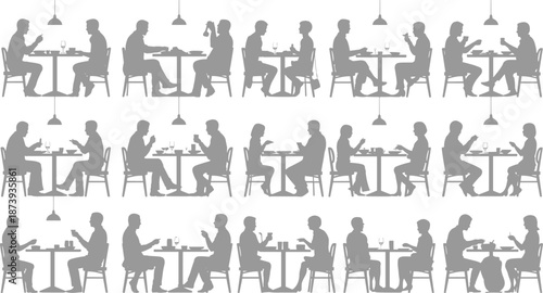 People dining silhouettes, restaurant conversation scenes, couples and friends eating, social interaction concept, cafe lifestyle illustration, minimal black vector