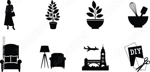 Black icon set featuring lifestyle and home decor elements including indoor plants, furniture, kitchen tools, London city skyline, and DIY