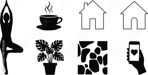 Black icon set featuring lifestyle and home themes including yoga tree pose, coffee, house outlines, monstera plant, and mobile social