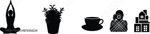 Black icon set featuring lifestyle elements including a yoga meditation pose, potted plant, coffee cup, photographer with camera, and residential