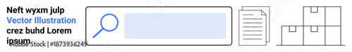 Logistics, inventory tracking, storage management, search functionality, data organization, business operations. Search bar, document and stacked boxes. Logistics and inventory tracking concept