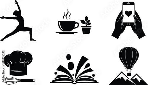 Black icon set featuring lifestyle hobbies including yoga, coffee, mobile social media, cooking, reading books, and hot air balloon travel