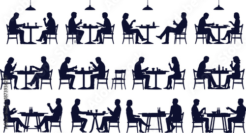 People dining silhouettes, restaurant conversation scenes, couples and friends eating, social interaction concept, cafe lifestyle illustration, minimal black vector