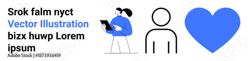 Healthcare, wellness, communication tools, modern design, teamwork, self-care. Female figure with tablet, abstract person and heart icon in simple blue tones. Focuses on wellness and communication Free Download Healthcare, wellness, communication tools, modern design, teamwork, self-care. Female figure with tablet, abstract person and heart icon in simple blue tones. Focuses on wellness and communication - GFXLoad
