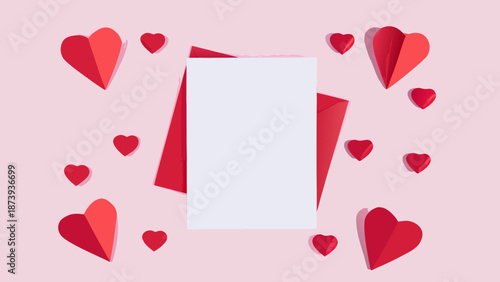 Flat lay romantic background illustration with red hearts and blank white card on pink background for valentine's day