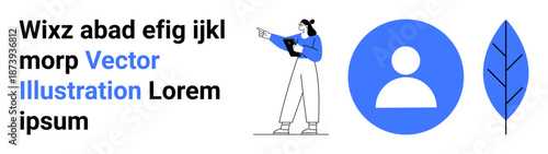 Woman holding tablet and pointing at icons, showcasing collaboration, user identity, and creativity. Ideal for teamwork, guides, user profile, apps, eco projects modern visuals simple landing page