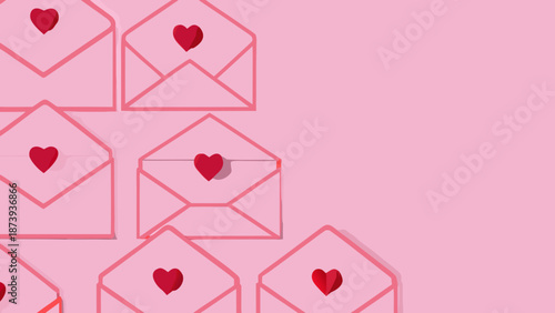 Minimal valentine's day vector background with envelopes and hearts on pink with valentine s day and minimalist design
