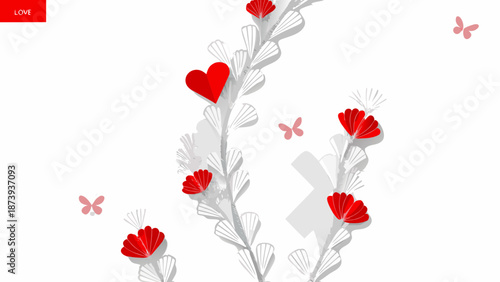 Soft romantic vector artwork showing thin sketch of red flowers and butterflies with heart on white background with love