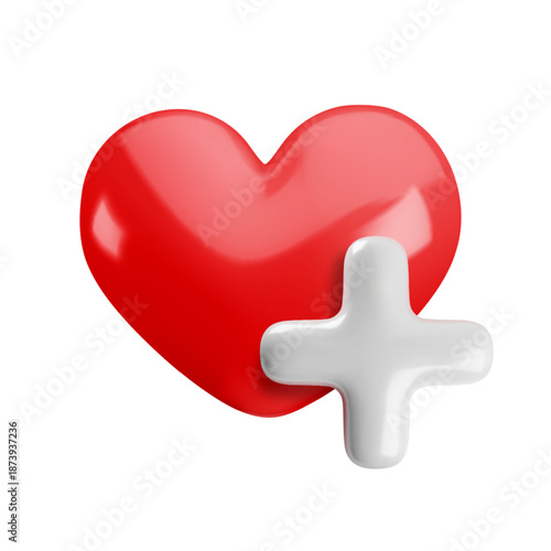 Vector cartoon 3d health and medical care icon. 3d render of red heart with white plus sign. Medicine, hospital, wellness and first aid symbol. First aid kit, life and healing game icons