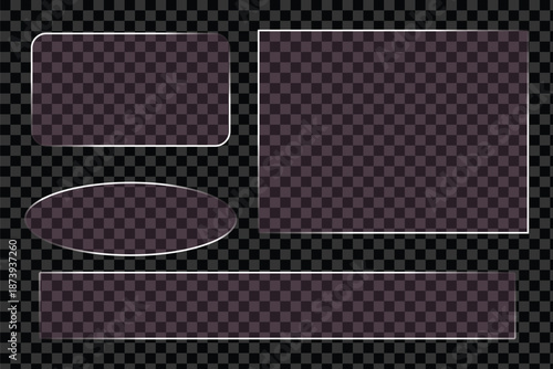 Vector illustration. Set of glass templates with reflection. Elements of graphic design for posters, games, web pages. Glowing borders. Objects with shadows. Realistic glass transparent background eps