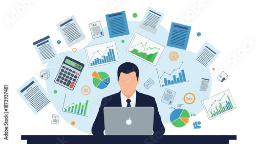 Faceless finance professional working on laptop with invoices