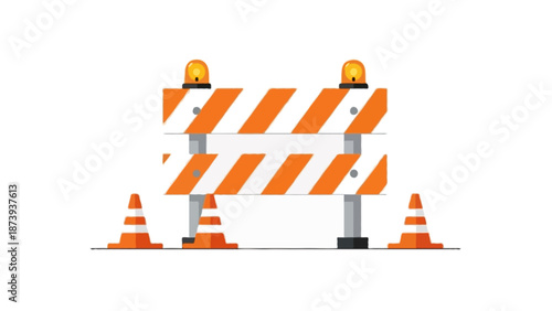 Flat vector illustration of a road construction barrier with orange and white stripes