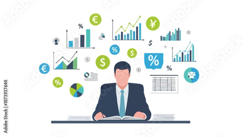 Faceless office worker managing finances with paperwork, money symbols and analytics elements floating around