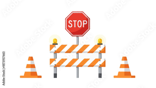 Flat vector illustration of a road construction stop sign