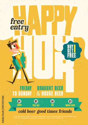 Bright retro style poster advertising a happy hour beer promotion with illustrated character, bold typography, and price list. Flat  illustration for bar, pub, brewery, or nightlife event promot